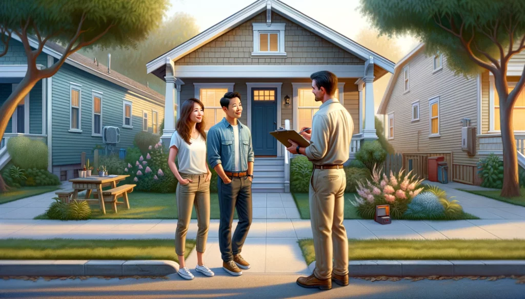 Couple meeting with a home inspector outside a home