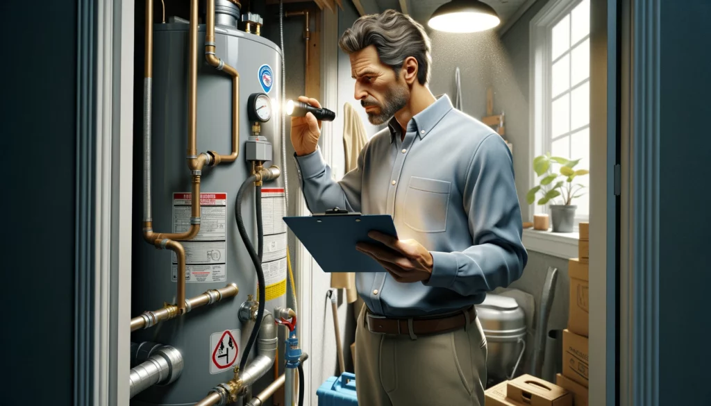 Home inspector looking at a water heater