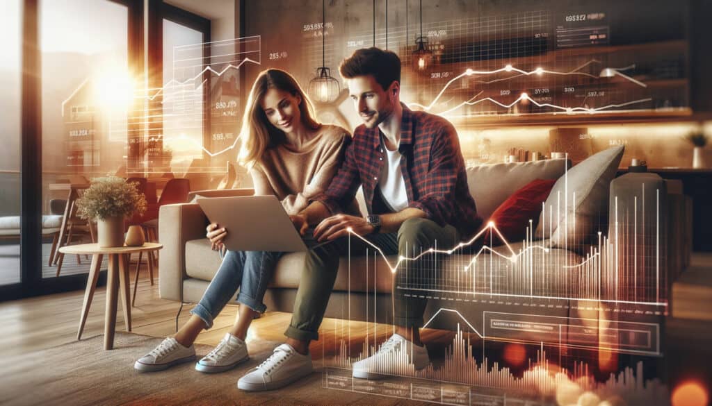 Couple looking at houses on a laptop, financial and mortgage rates graphics overlay